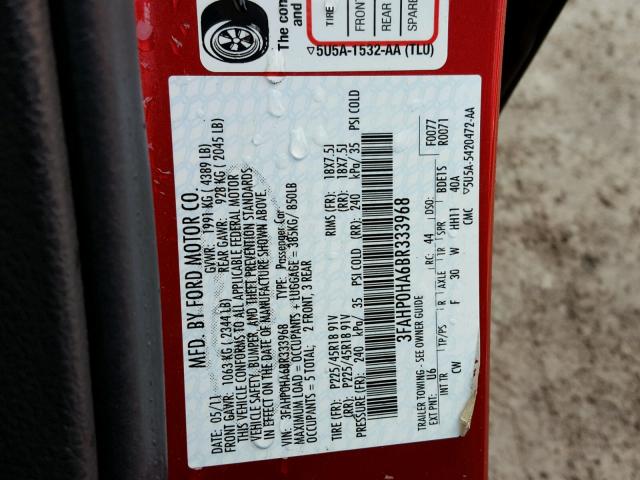 3FAHP0HA6BR333968 - 2011 FORD FUSION SE RED photo 10