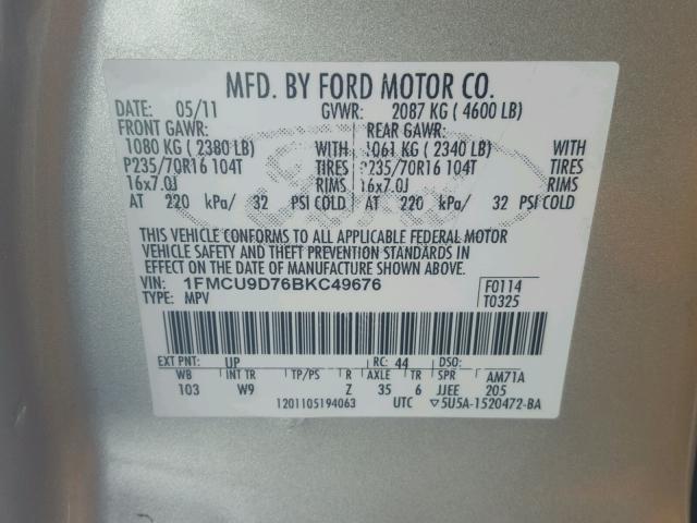 1FMCU9D76BKC49676 - 2011 FORD ESCAPE XLT GOLD photo 10