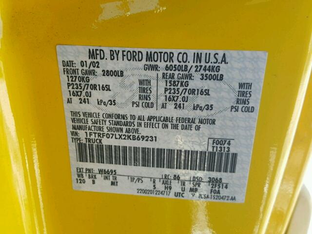 1FTRF07LX2KB69231 - 2002 FORD F150 YELLOW photo 10