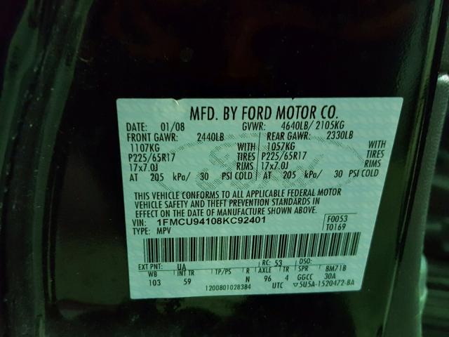 1FMCU94108KC92401 - 2008 FORD ESCAPE LIM BLACK photo 10