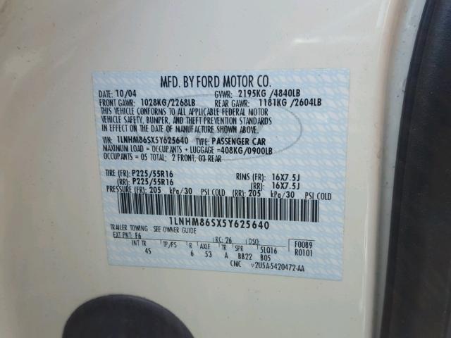 1LNHM86SX5Y625640 - 2005 LINCOLN LS WHITE photo 10