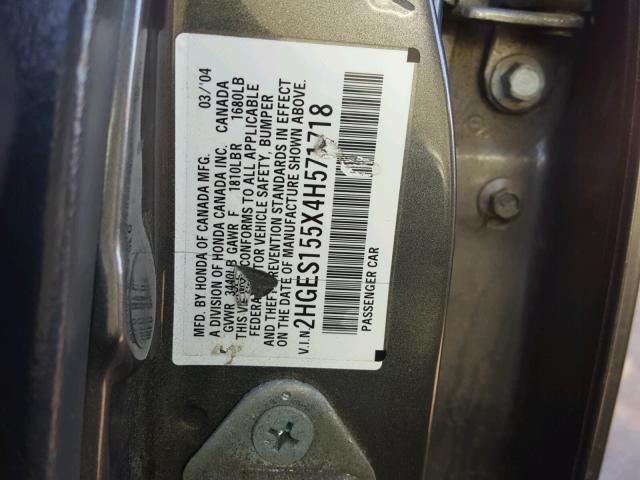 2HGES155X4H571718 - 2004 HONDA CIVIC LX SILVER photo 10