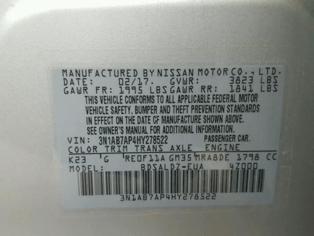 3N1AB7AP4HY278522 - 2017 NISSAN SENTRA S SILVER photo 10