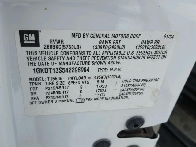 1GKDT13S542296904 - 2004 GMC ENVOY WHITE photo 10