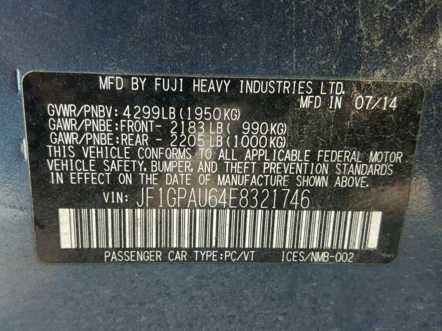 JF1GPAU64E8321746 - 2014 SUBARU IMPREZA SP BLUE photo 10