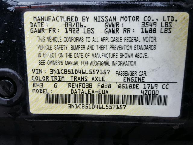 3N1CB51D46L557157 - 2006 NISSAN SENTRA 1.8 BLACK photo 10