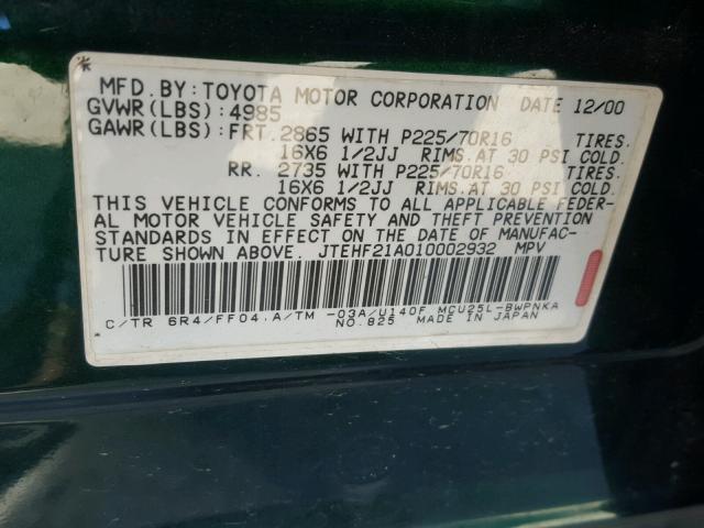 JTEHF21A010002932 - 2001 TOYOTA HIGHLANDER GREEN photo 10