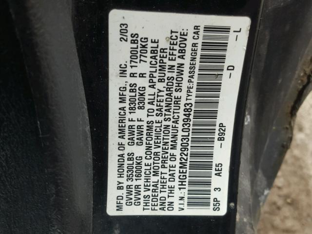 1HGEM22903L039483 - 2003 HONDA CIVIC EX BLACK photo 10