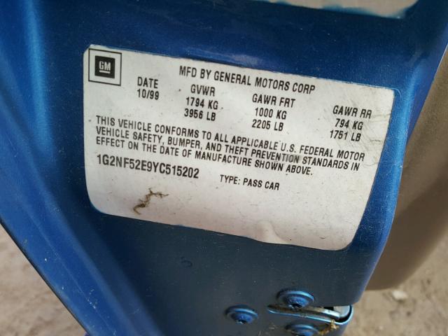 1G2NF52E9YC515202 - 2000 PONTIAC GRAND AM S ლურჯი ფოტო 10