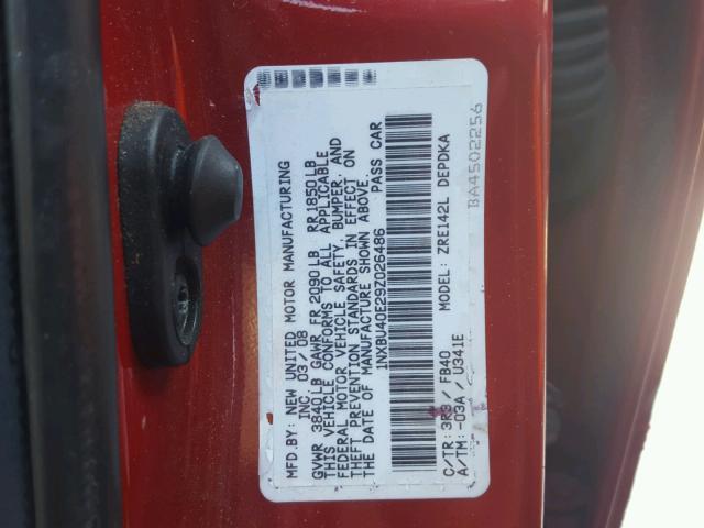 1NXBU40E29Z026486 - 2009 TOYOTA COROLLA RED photo 10