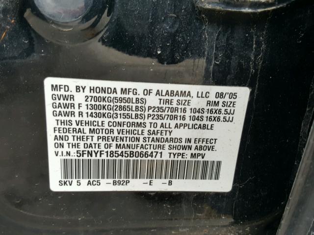 5FNYF18545B066471 - 2005 HONDA PILOT EXL BLACK photo 10