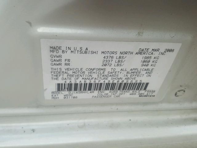 4A3AB36F49E009695 - 2009 MITSUBISHI GALANT ES WHITE photo 10