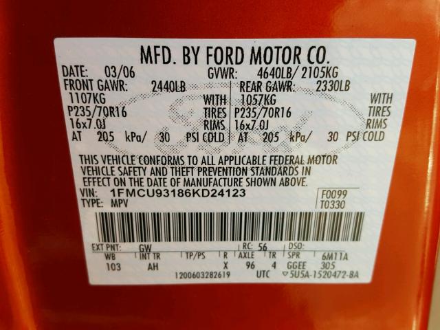 1FMCU93186KD24123 - 2006 FORD ESCAPE XLT ORANGE photo 10