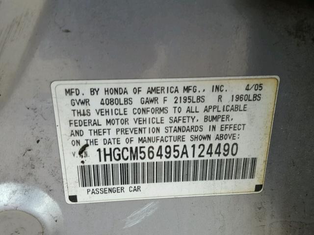 1HGCM56495A124490 - 2005 HONDA ACCORD LX GRAY photo 10