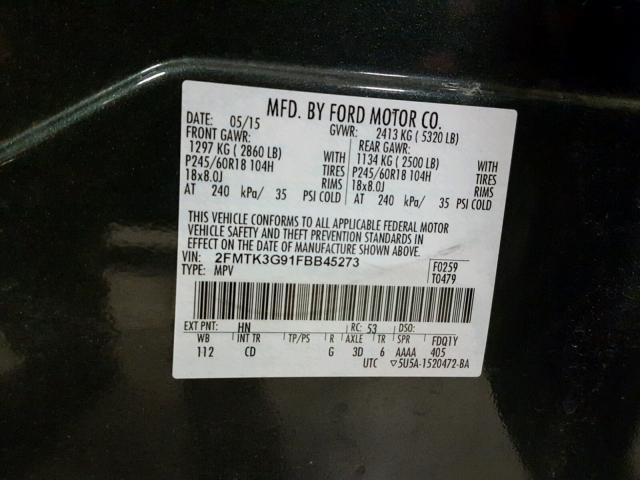 2FMTK3G91FBB45273 - 2015 FORD EDGE SE BLACK photo 10