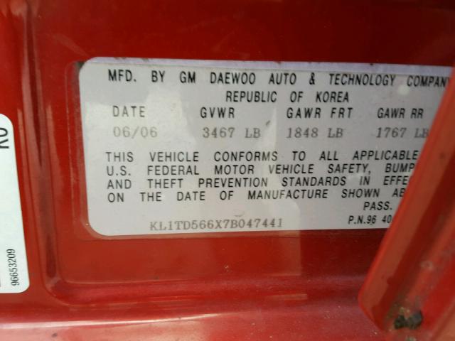 KL1TD566X7B047441 - 2007 CHEVROLET AVEO BASE Kırmızı fotoğraf 10