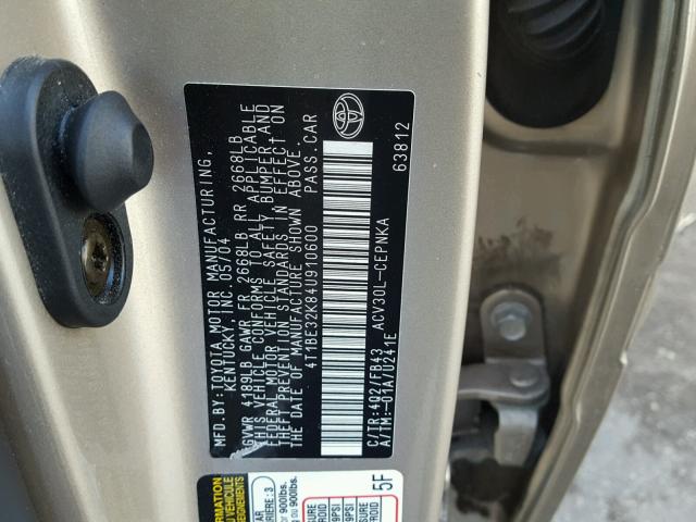 4T1BE32K84U910600 - 2004 TOYOTA CAMRY LE GOLD photo 10