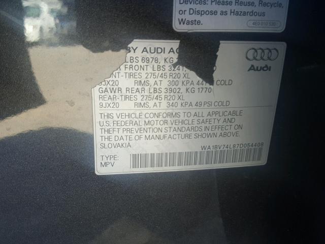 WA1BV74L87D054408 - 2007 AUDI Q7 4.2 QUA GRAY photo 10