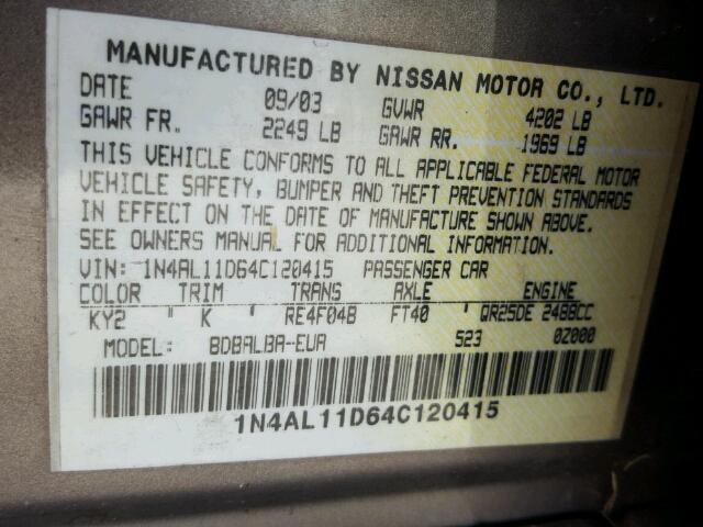 1N4AL11D64C120415 - 2004 NISSAN ALTIMA BAS GRAY photo 10