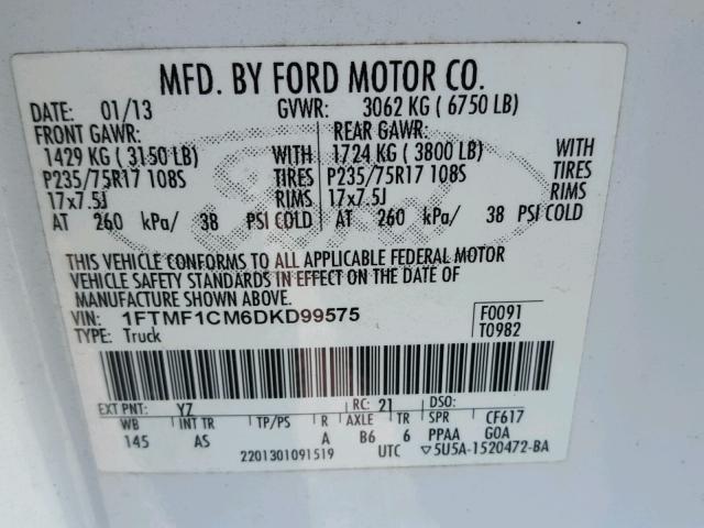 1FTMF1CM6DKD99575 - 2013 FORD F150 WHITE photo 10