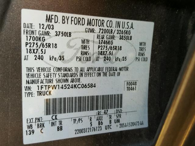 1FTPW14524KC06584 - 2004 FORD F150 SUPER GRAY photo 10