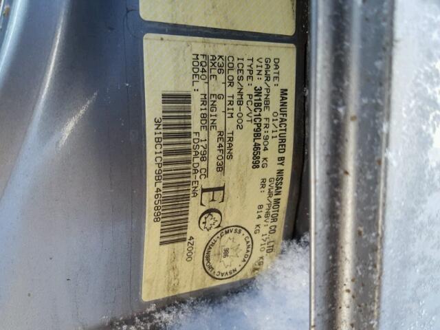 3N1BC1CP9BL465898 - 2011 NISSAN VERSA S GRAY photo 10