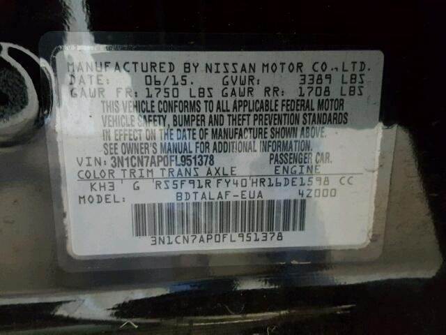 3N1CN7AP0FL951378 - 2015 NISSAN VERSA S BLACK photo 10