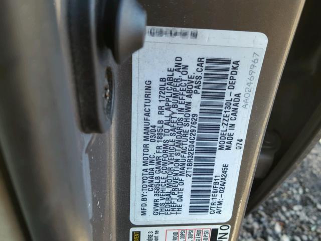 2T1BR32E04C297629 - 2004 TOYOTA COROLLA CE GRAY photo 10