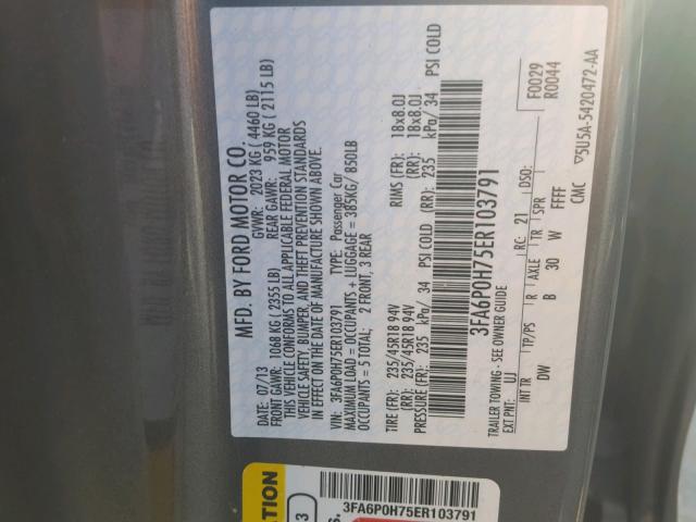 3FA6P0H75ER103791 - 2014 FORD FUSION SE GRAY photo 10