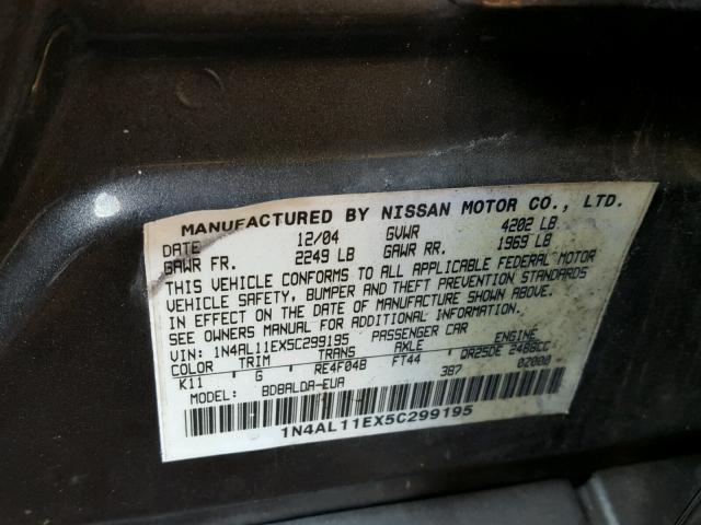 1N4AL11EX5C299195 - 2005 NISSAN ALTIMA S GRAY photo 10