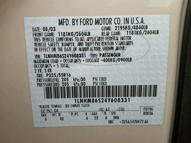 1LNHM86S24Y608331 - 2004 LINCOLN LS Krem foto 10
