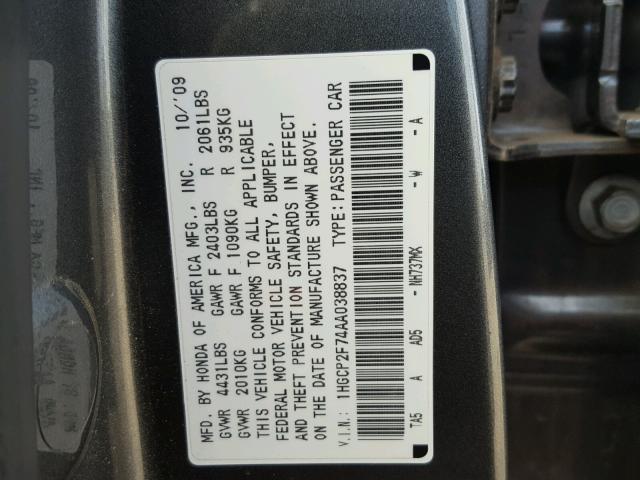 1HGCP2F74AA038837 - 2010 HONDA ACCORD EX GRAY photo 10