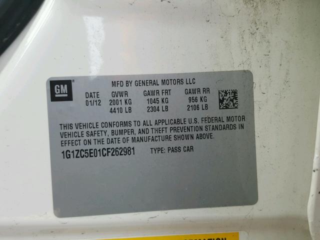 1G1ZC5E01CF262981 - 2012 CHEVROLET MALIBU 1LT 白色 照片 10