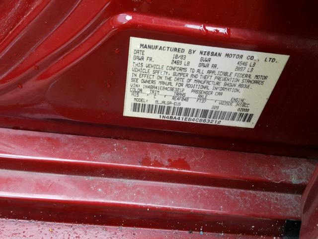 1N4BA41E84C863212 - 2004 NISSAN MAXIMA SE RED photo 10