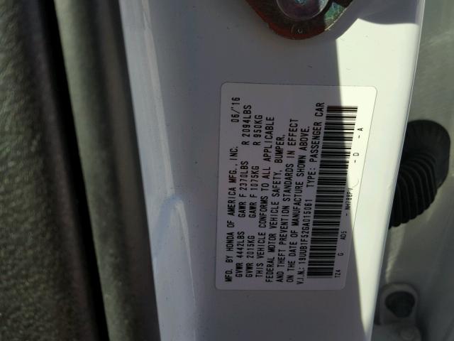 19UUB1F52GA015061 - 2016 ACURA TLX TECH WHITE photo 10