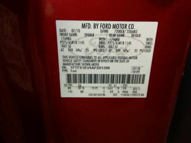 1FTFX1EV5AFD01359 - 2010 FORD F150 SUPER RED photo 10