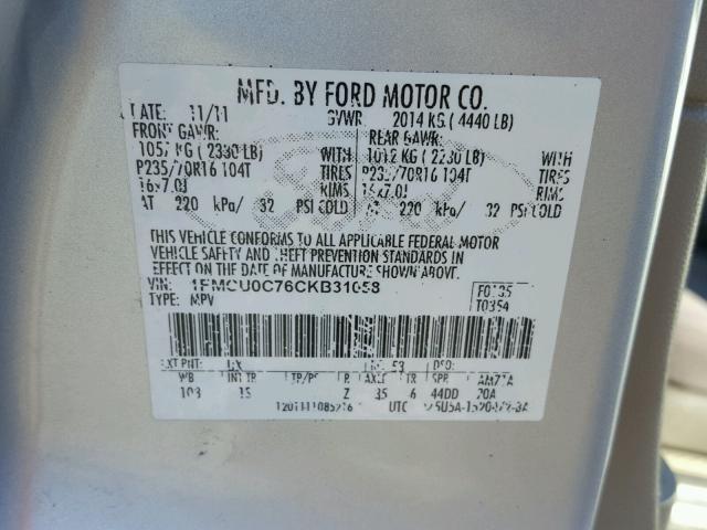 1FMCU0C76CKB31058 - 2012 FORD ESCAPE XLS SILVER photo 10