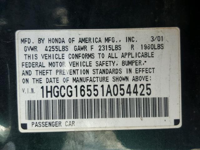 1HGCG16551A054425 - 2001 HONDA ACCORD EX GREEN photo 10