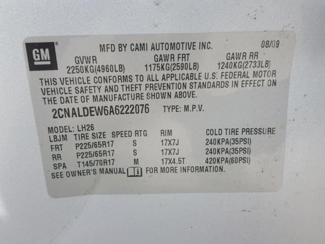 2CNALDEW6A6222076 - 2010 CHEVROLET EQUINOX LT SILVER photo 10