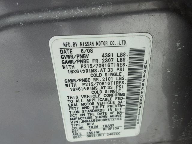 JN8AS58V08W412184 - 2008 NISSAN ROGUE S SILVER photo 10