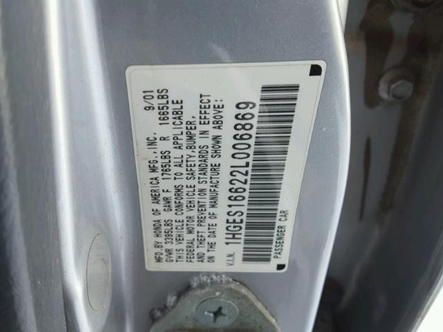 1HGES16622L006869 - 2002 HONDA CIVIC LX SILVER photo 10