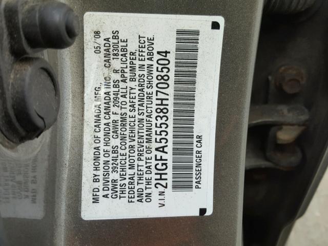 2HGFA55538H708504 - 2008 HONDA CIVIC SI GRAY photo 10