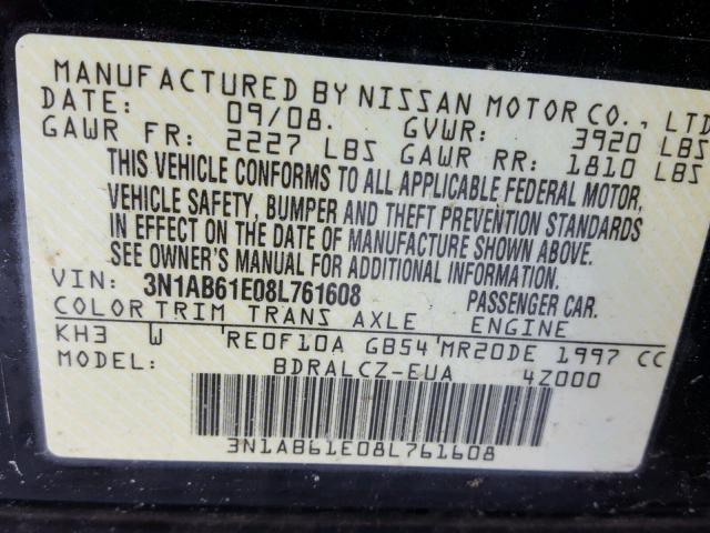 3N1AB61E08L761608 - 2008 NISSAN SENTRA 2.0 BLACK photo 10