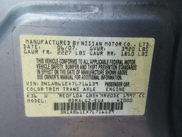 3N1AB61EX7L716139 - 2007 NISSAN SENTRA 2.0 GRAY photo 10