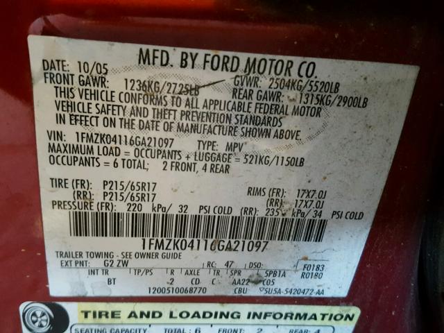 1FMZK04116GA21097 - 2006 FORD FREESTYLE BURGUNDY photo 10