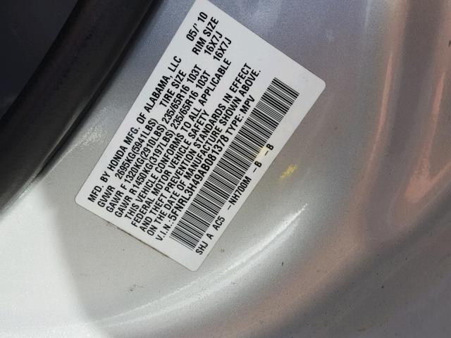 5FNRL3H49AB081378 - 2010 HONDA ODYSSEY EX GRAY photo 10