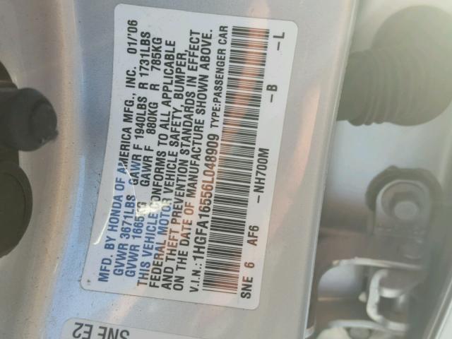 1HGFA16556L048909 - 2006 HONDA CIVIC LX SILVER photo 10