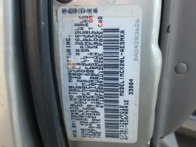 4T1BF28B91U135265 - 2001 TOYOTA AVALON XL GRAY photo 10