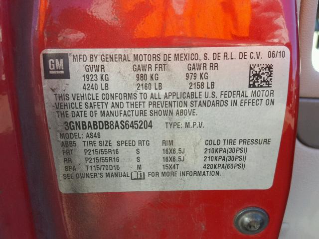 3GNBABDB8AS645204 - 2010 CHEVROLET HHR LT RED photo 10