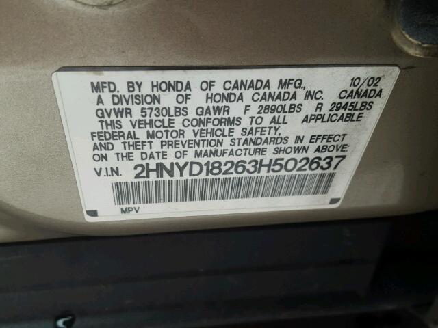 2HNYD18263H502637 - 2003 ACURA MDX TAN photo 10